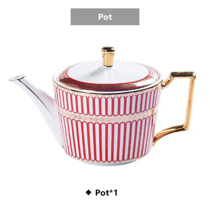 Elegant white porcelain teapot with vertical red stripes and gold trim from decorbites gold porcelain coffee set