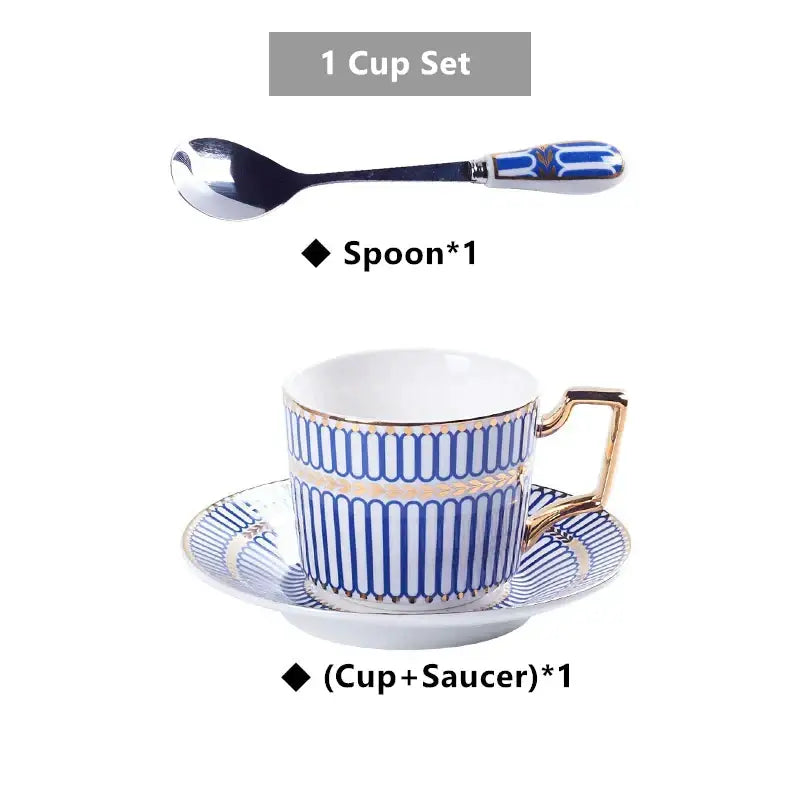 Blue and white striped porcelain cup with gold trim and handle paired with matching saucer from decorbites gold porcelain coffee set