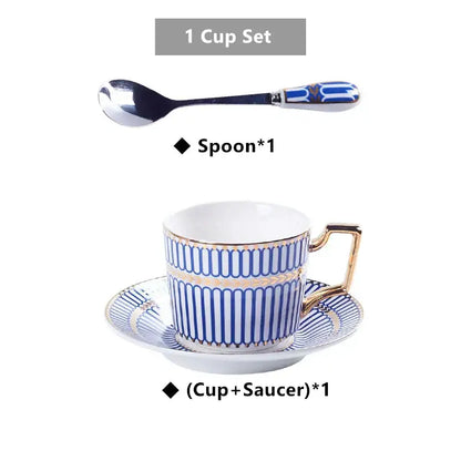Blue and white striped porcelain cup with gold trim and handle paired with matching saucer from decorbites gold porcelain coffee set