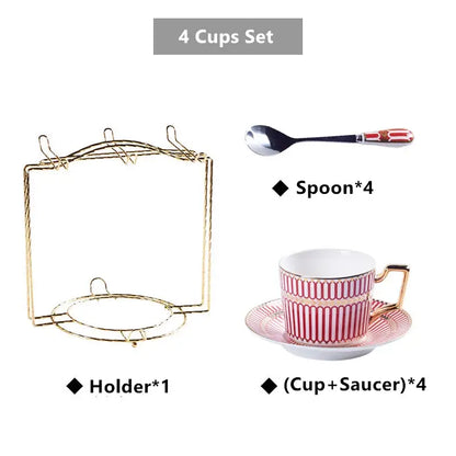 Set of four pink and white striped decorbites gold porcelain coffee cups with gold rims and matching saucers for dining room use
