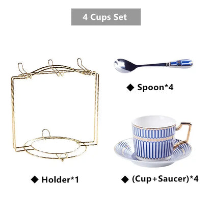 Set of four blue and gold striped porcelain cups with matching saucers and spoons in decorbites gold porcelain style