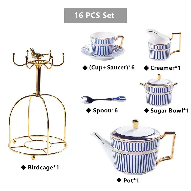 Luxury red and gold porcelain coffee set dining room serving rack with a gold metal birdcage and ornamental bird decorbites gold porcelain