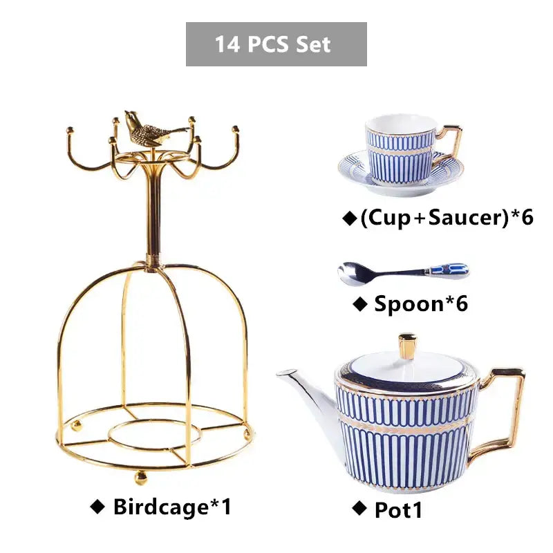 Luxury red and gold porcelain coffee set dining room serving rack with decorbites gold porcelain birdcage and decorative bird