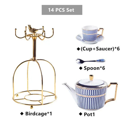 Luxury red and gold porcelain coffee set dining room serving rack with decorbites gold porcelain birdcage and decorative bird
