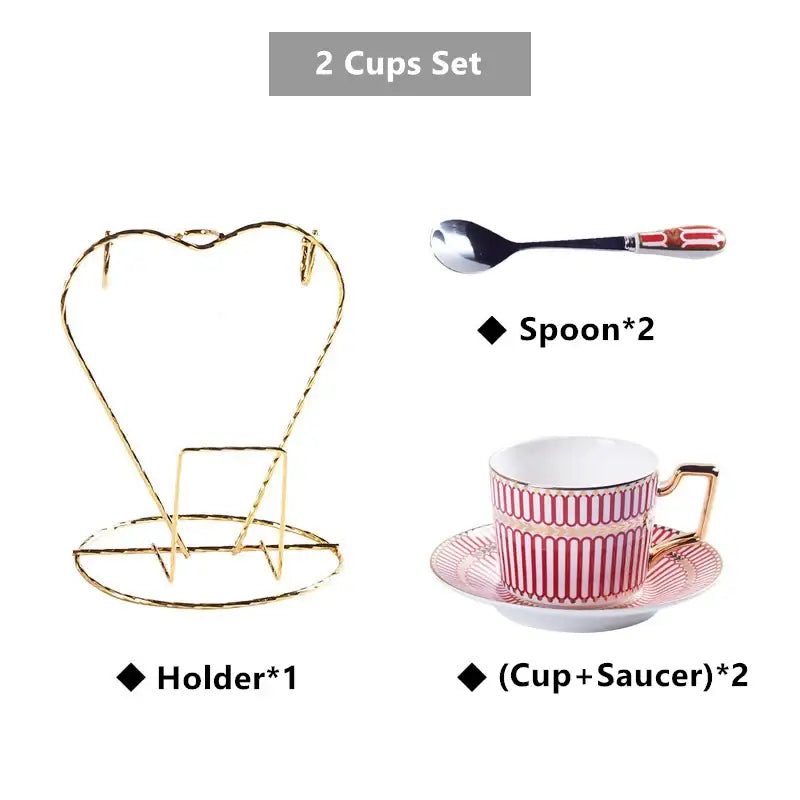 Luxury red and gold porcelain coffee set featuring a pink and white striped cup with gold rim and handle on matching saucer decorbites gold porcelain