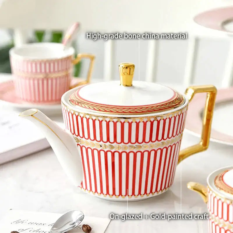 Red and white striped teapot with gold porcelain accents crafted from bone china for decorbites gold porcelain set