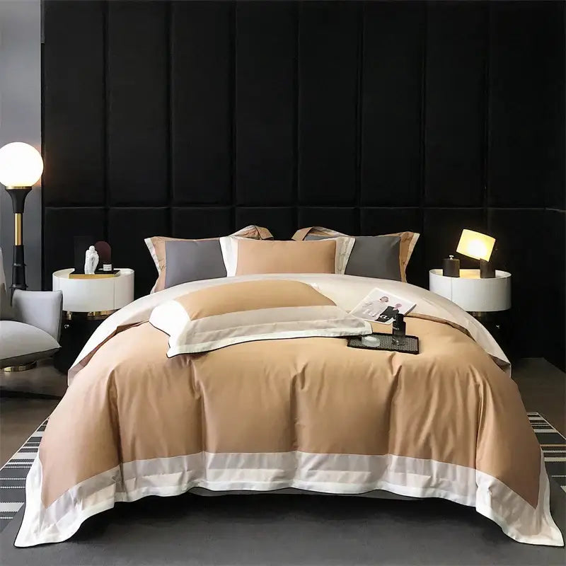 Beige and white satin bedding set in a luxury sage green and cream 1000tc egyptian cotton design