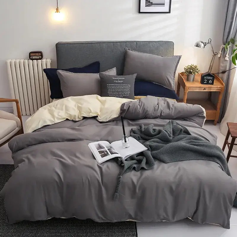 Luxury satin light gray and navy duvet cover set with smooth satin finish coordinating pillows for bedroom decorbites duvet cover