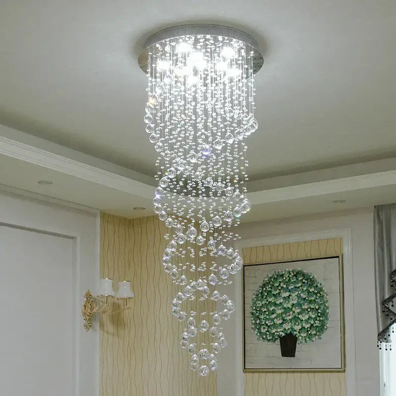 Luxury silver cascading crystal led chandelier with clear faceted beads from decorbites crystal led collection for staircase decor