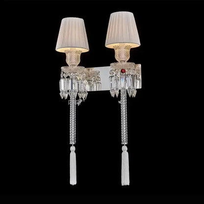 Luxury silver crystal wall lamp with two white pleated shades ornate metalwork tassels decorbites crystal wall lamp