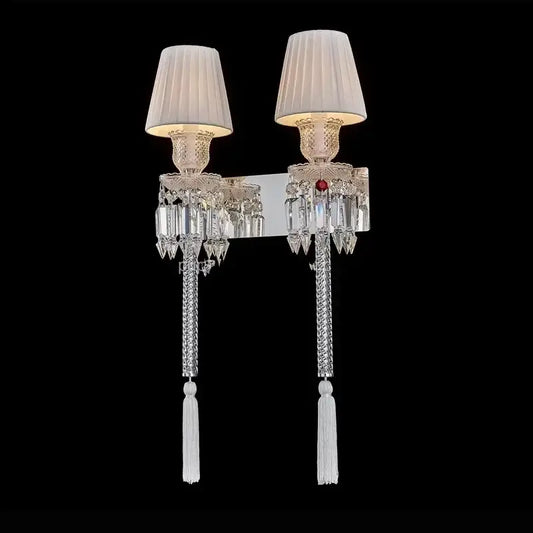 Luxury silver crystal wall lamp with two white pleated shades ornate metalwork tassels decorbites crystal wall lamp