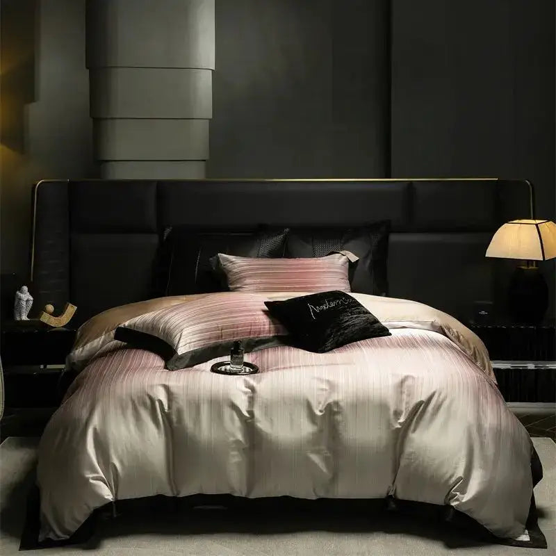 Luxury taupe and beige striped lyocell cotton bedding set with satin soft rose and cream tones and black headboard decorbites light luxury