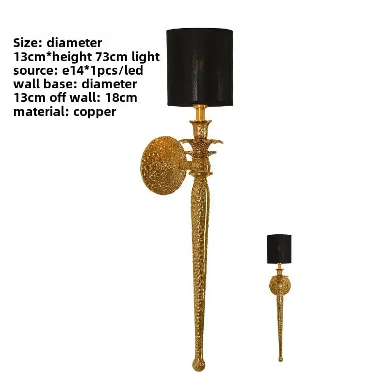 Elegant luxury textured gold copper wall lamp with black fabric shade featuring ornate decorbites copper wall design