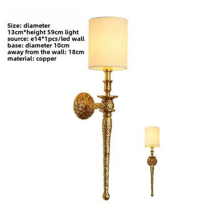 Luxury textured gold and black decorbites copper wall lamp with ornate stem and cream cylindrical lampshade bedroom sconce
