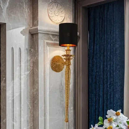 Luxury gold-toned ornate wall lamp with black fabric shade and intricate detailing perfect for bedroom decorbites copper wall lamp