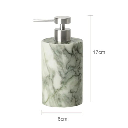 A sleek 17cm tall cylindrical soap dispenser with emerald marble pattern and brushed stainless steel pump for marble bathroom set