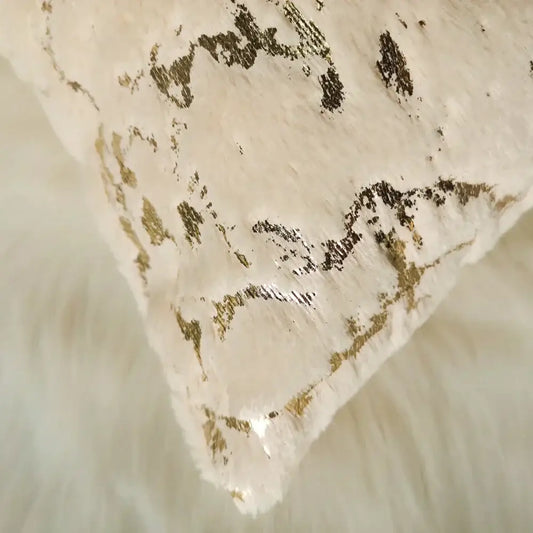 Luxury white and gold fur cushion cover with plush faux-fur texture and golden fur decorbites accents for bedroom decor