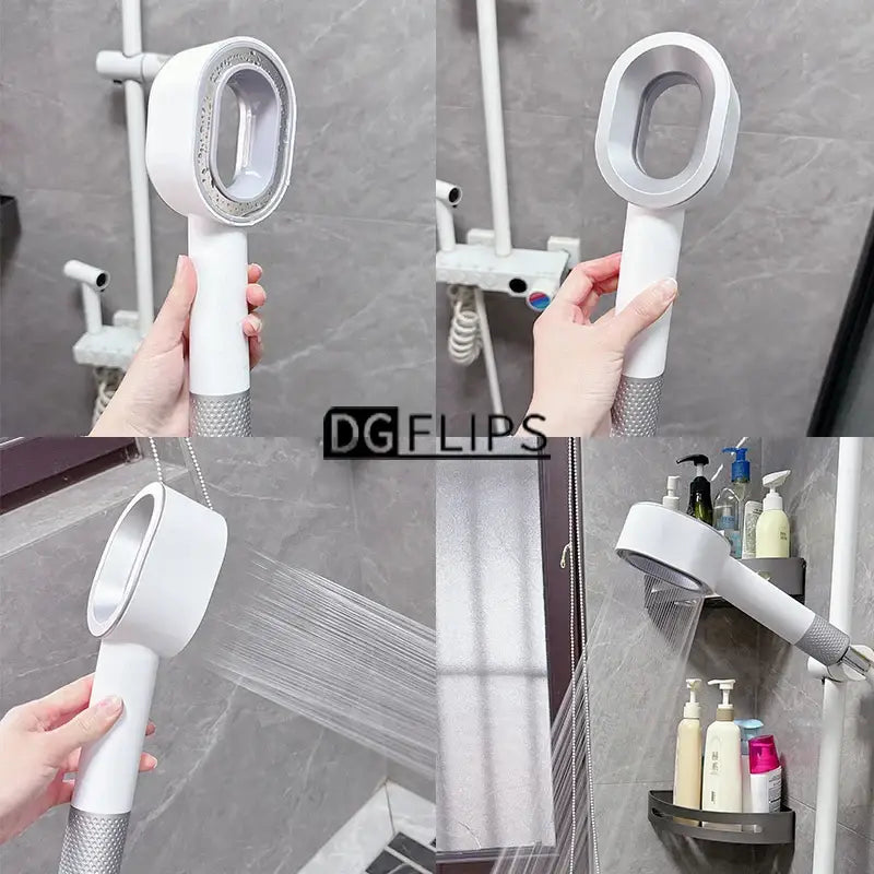 Luxury white and silver handheld shower head with textured grip and oval nozzle for bathroom filter set use