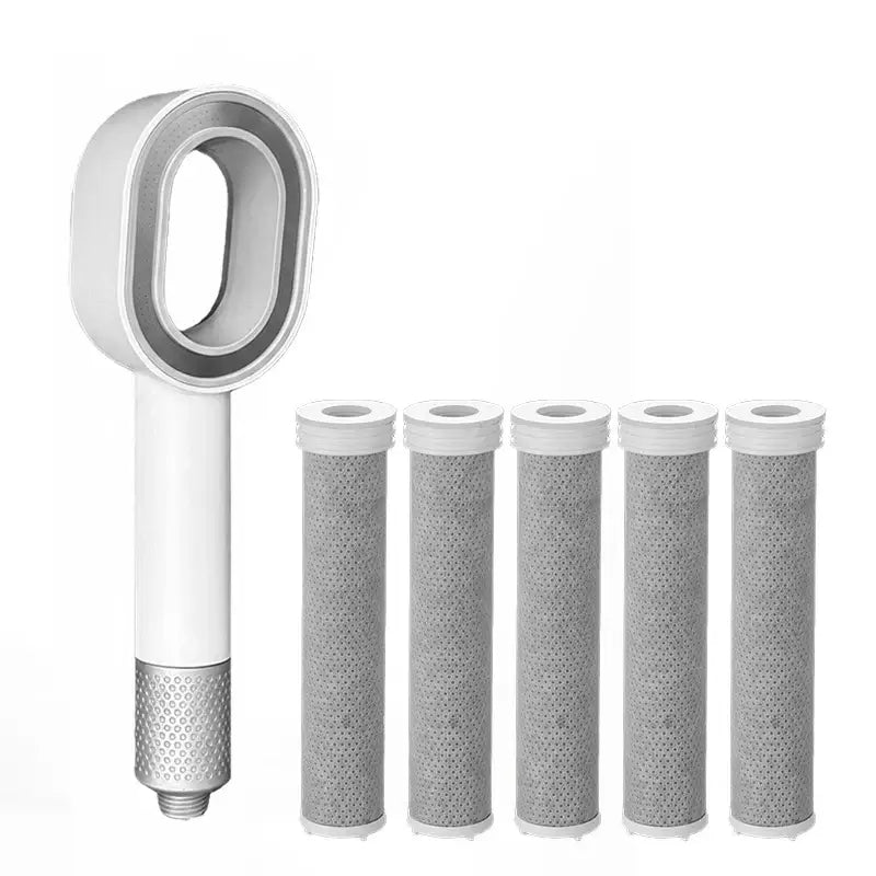 Luxury white and silver handheld shower head with five gray perforated filter cartridges for bathroom use