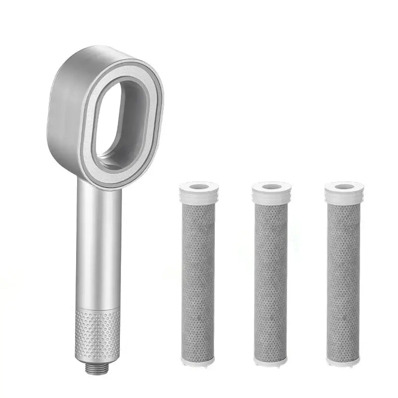 Silver handheld shower head with three matching cylindrical filter cartridges for luxury bathroom filter set