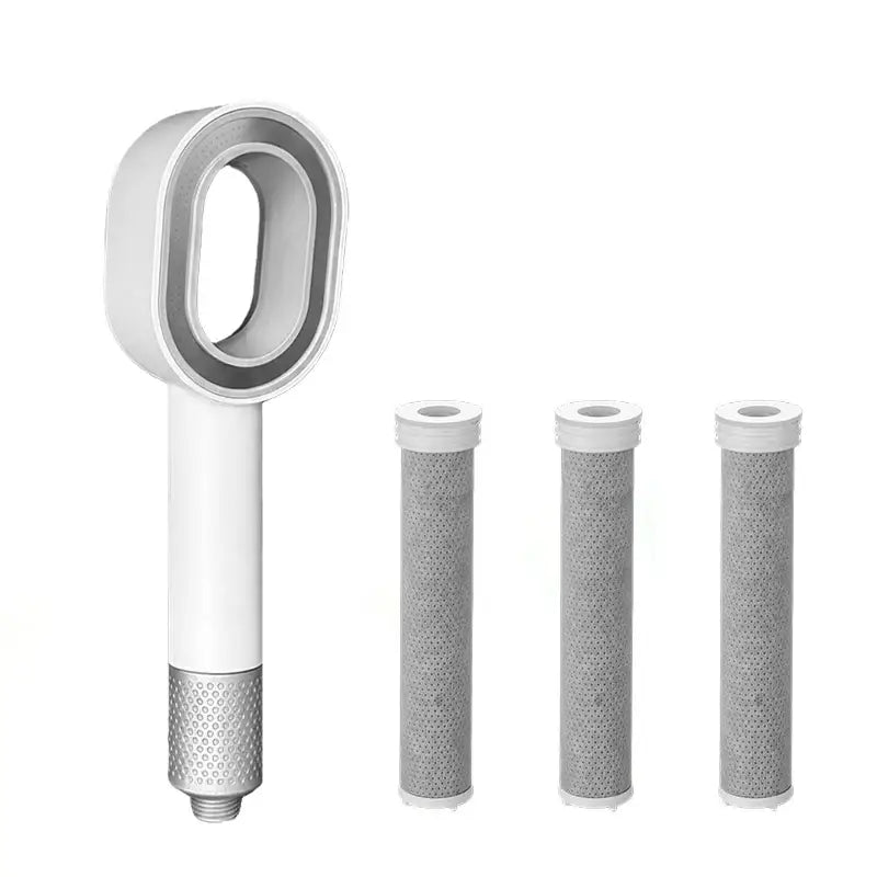 Luxury white and silver handheld shower head with three cylindrical filter cartridges for bathroom water filtration