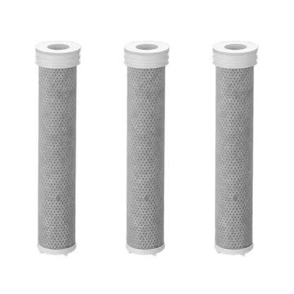 Three gray cylindrical water filter cartridges with white end caps for luxury white and silver handheld shower head filter set