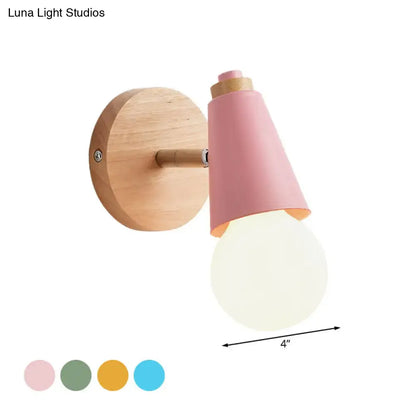 Pink conical macaron loft sweet cone wall sconce with metal wood base and frosted glass bulb for corridor lighting