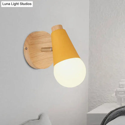 Yellow macaron loft sweet cone wall sconce with metal wood base and frosted glass shade for corridor lighting