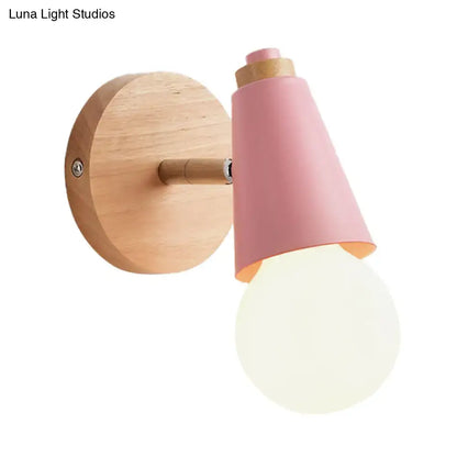 Macaron loft sweet cone pink wall sconce with pink conical metal wood lampshade and frosted glass bulb on wood base