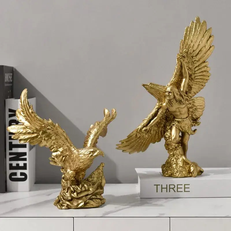 Majestic gold resin eagle sculpture featuring decorative resin eagle and winged figure statues for living room decor