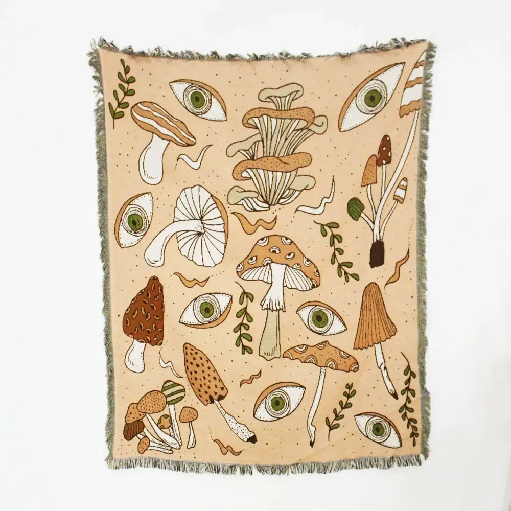 Beige woven mandala black geo tassel picnic mat and sofa cover blanket with whimsical mushrooms and eyes pattern