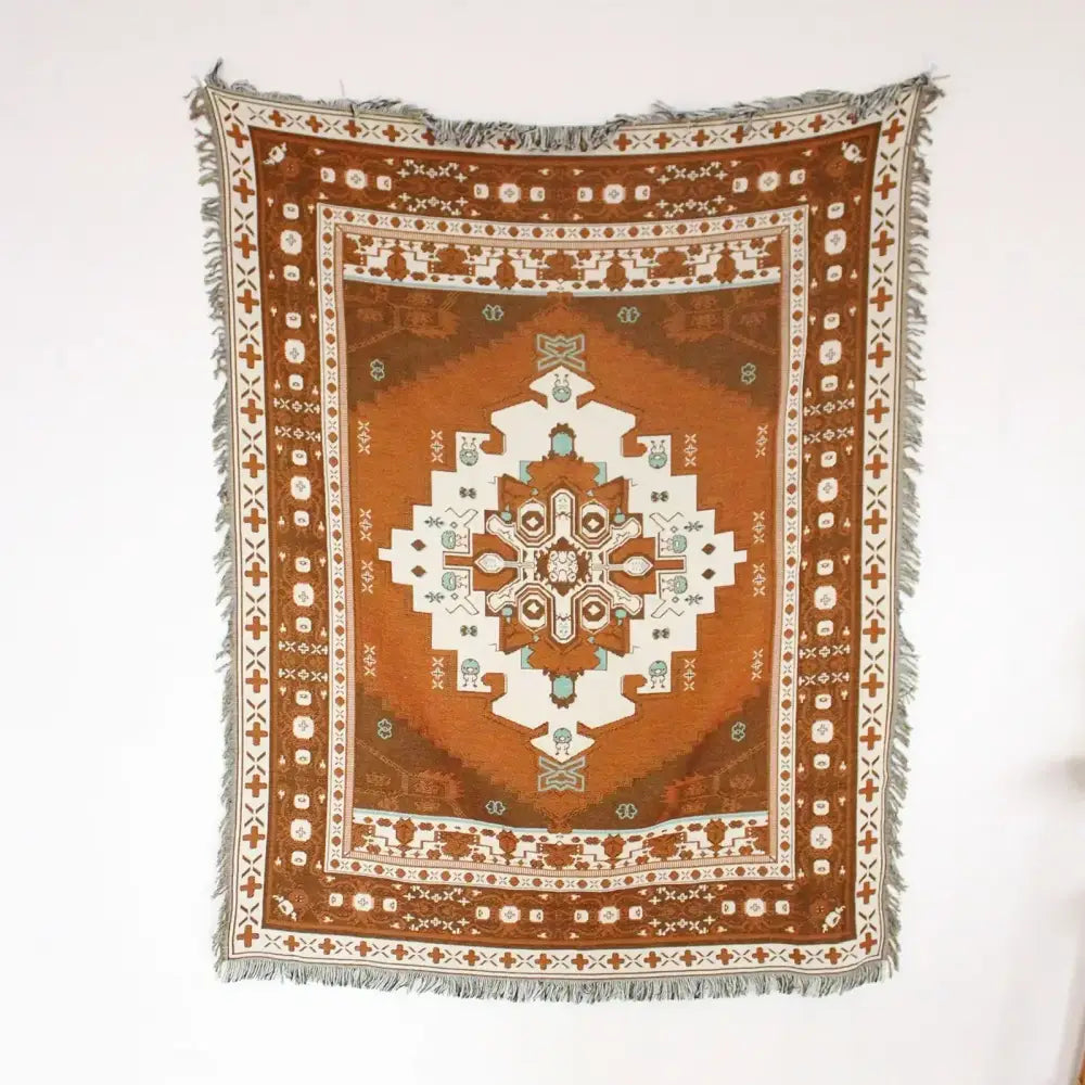 Rectangular woven mandala black geo tassel picnic mat and sofa cover with cream teal medallion and fringed edges