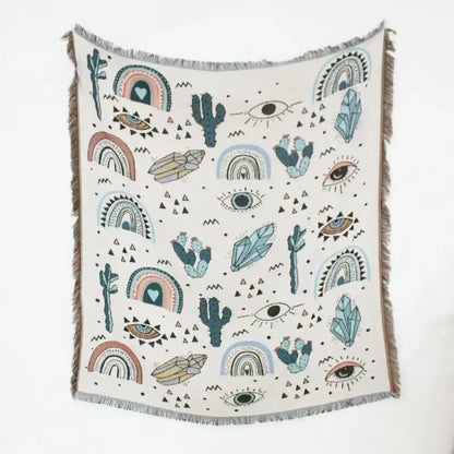 White woven mandala black geo tassel picnic mat and sofa cover with teal pink cactus rainbow and eye pattern