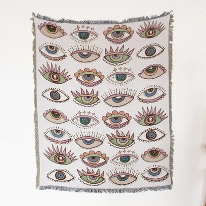 White woven mandala black geo tassel picnic mat and sofa cover with pastel eye pattern for living room use
