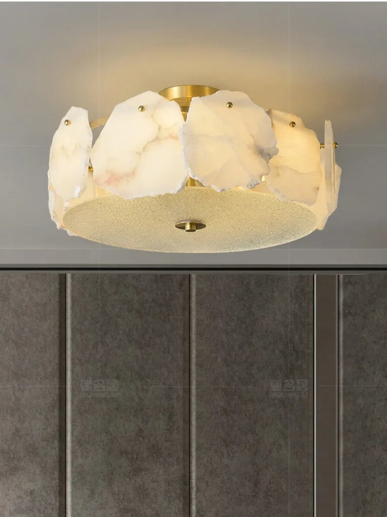 Marble led chandelier round pendant light with gold-toned metal base and frosted glass petals ceiling fixture