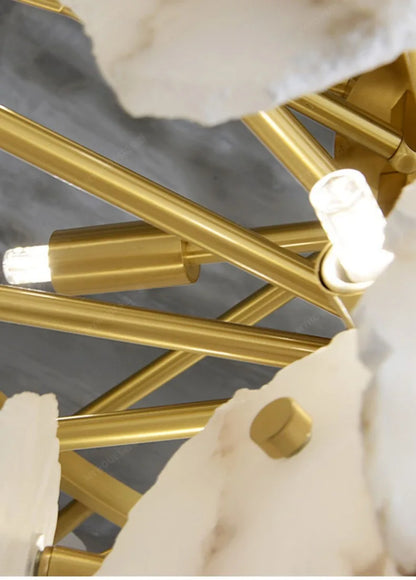 Gold-toned marble led chandelier round pendant light with intersecting rods and white marble like accents for interior lighting