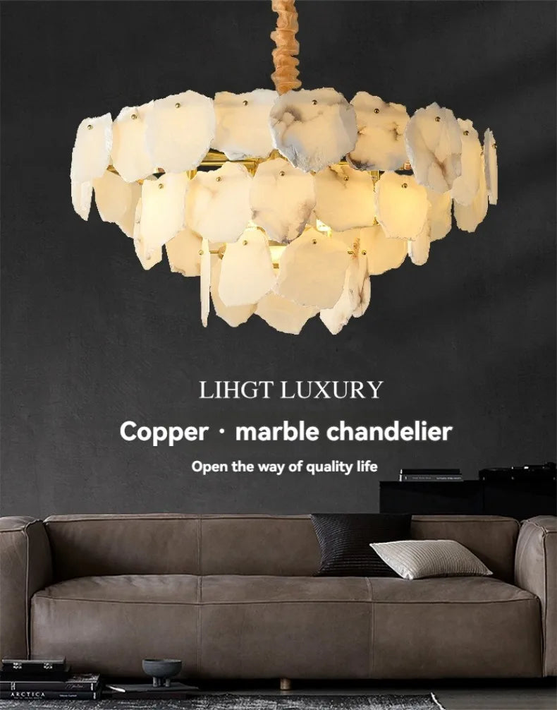 Marble led chandelier round pendant light featuring layered petal-shaped white marble plates and copper accents