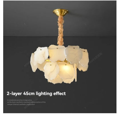 Marble led chandelier round pendant light featuring a delicate two-layered design with translucent white petal shades and gold fixture