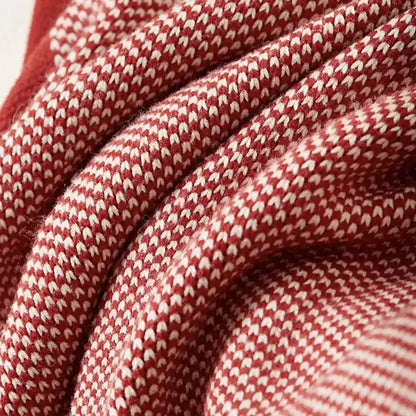 Maroon and red cozy striped knit blanket with a soft herringbone knit weave for stylish living room decorbites cozy striped throw