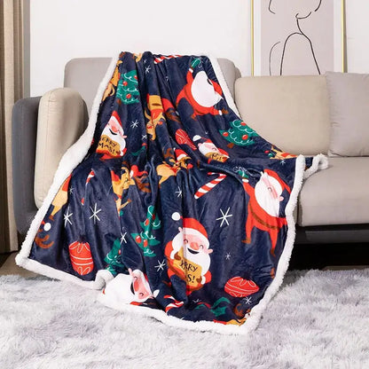 A navy blue decorbites cozy flannel blanket with festive Christmas design for living room sofa use