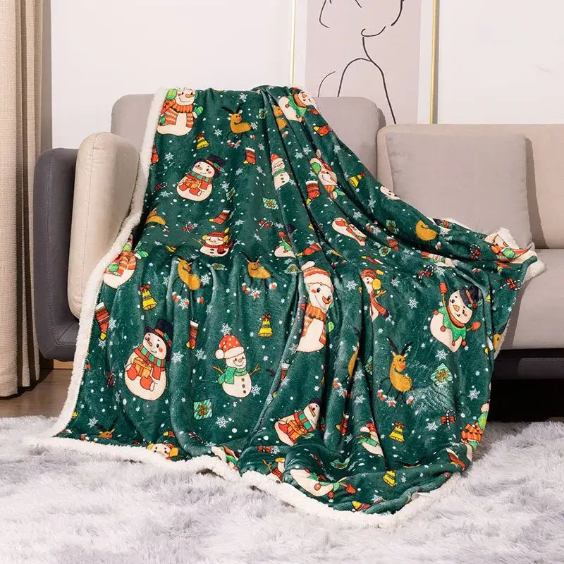 Maroon christmas decorbites cozy flannel blanket in dark green with festive snowmen pattern and white fleece edging for sofa