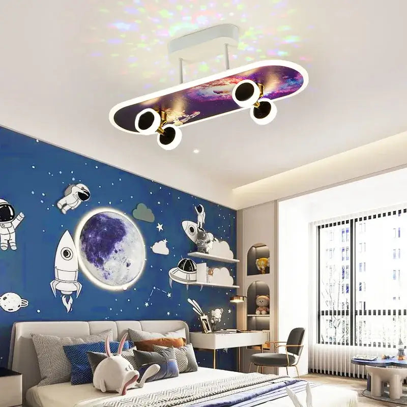 Marvel superhero cartoon skateboard ceiling light with purple and blue cosmic design for children’s room decorbites cartoon skateboard
