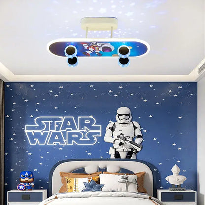 Blue skateboard-shaped ceiling light with white and black accents featuring star wars design for children room decorbites cartoon skateboard ceiling