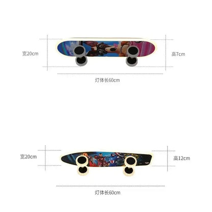 Marvel superhero cartoon skateboard ceiling light with colorful glossy finish and black wheels for children room decorbites cartoon skateboard