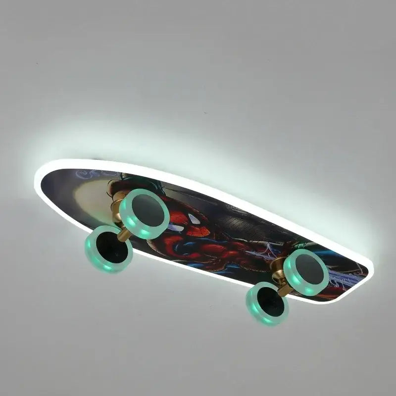 Marvel superhero cartoon skateboard ceiling light with glowing teal wheels and vibrant Spider-Man graphic for children room decorbites cartoon skateboard