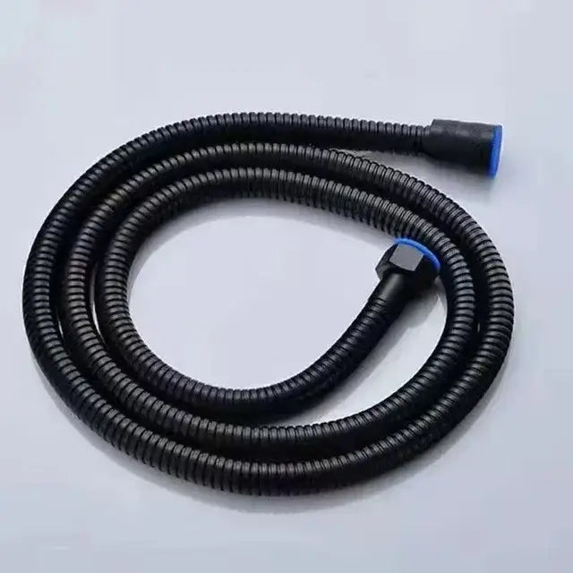 Matte black corrugated shower hose with blue-tipped connectors for decorbites adjustable shower head high pressure use