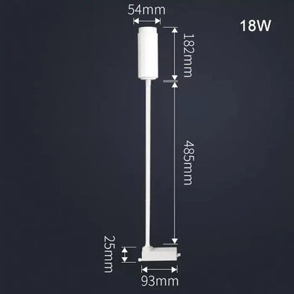 White 18w led track light with cylindrical head and slender stem featuring decorbites adjustable beam for store task lighting