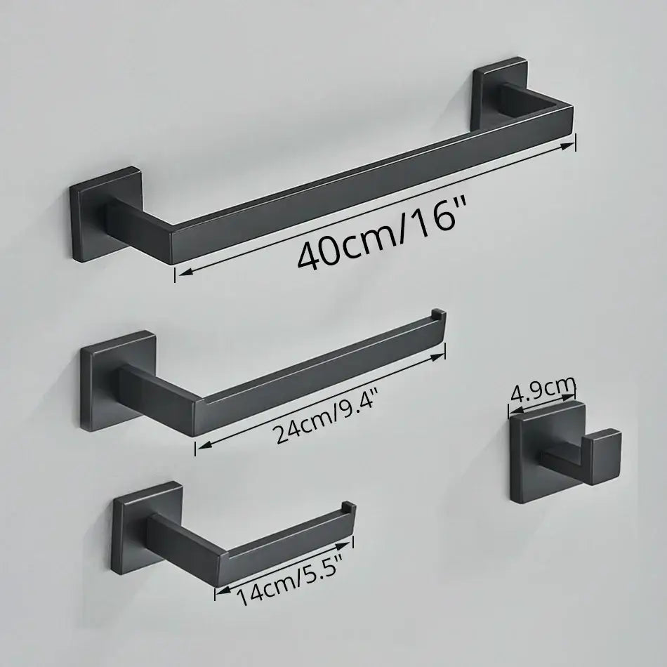 Set of modern matte black metal bathroom towel racks and hooks with square plates in black bathroom accessories set