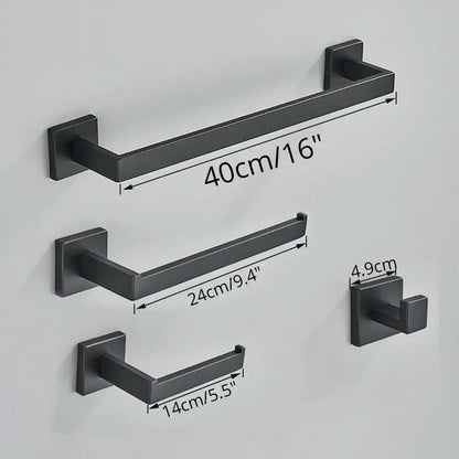 Set of modern matte black metal bathroom towel racks and hooks with square plates in black bathroom accessories set
