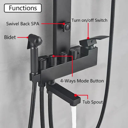 Matte black bathroom faucet shower system with rainfall column featuring black bathroom faucet and integrated bidet functions